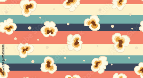 Retro seamless pattern with popcorn scattered over a background of colorful horizontal stripes, perfect for a movie night theme or cinema branding.