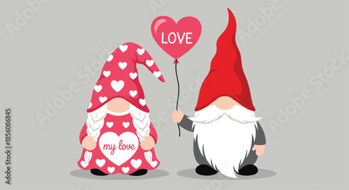 Valentine's Day gnomes couple, with the female holding a 'my love' heart and the male holding a 'love' balloon, perfect for romantic greetings.