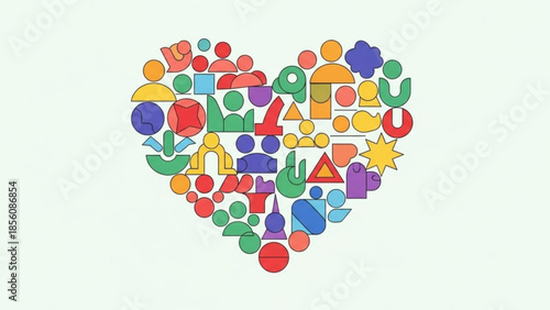 Colorful heart shape made of various geometric shapes and symbols on light green background, representing love and diversity