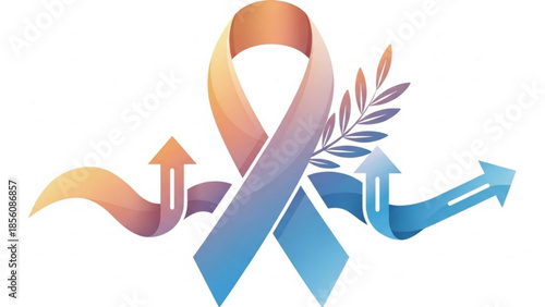 Gradient ribbon with arrows and leaves symbolizing growth, awareness, and positivity on white background for support and hope