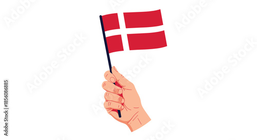 Danish flag being held by a hand in a simple, hand-drawn cartoon style, waving and isolated against a clean white background for easy use.