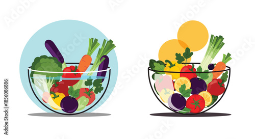 Two glass bowls filled with a variety of fresh, colorful vegetables like tomatoes, carrots, and broccoli, promoting a healthy and balanced diet.