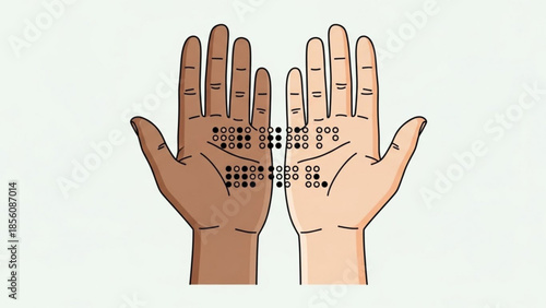 Diverse hands with braille dots, sign language, communication, accessibility, inclusion, equality, diverse skin tones, hand gestures