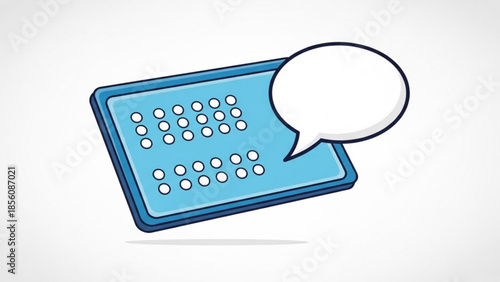 A blue braille display with a speech bubble on a white background for accessibility and communication concepts