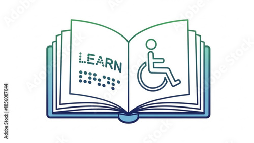 Open book with learn in braille and wheelchair symbol on white background, education for people with disabilities concept