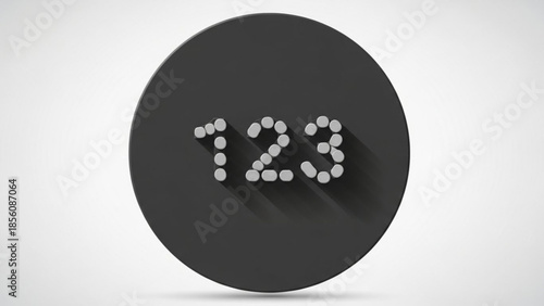A dark grey circle with the number 123 made of small white dots on a light grey background