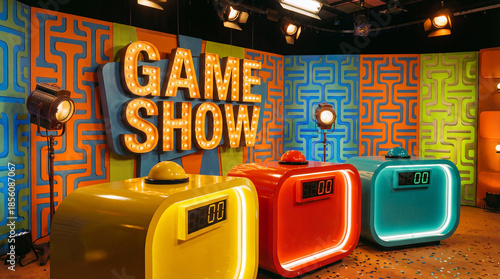 Colorful retro game show studio set with bright lights buzzers and score displays ready for contestants to compete live