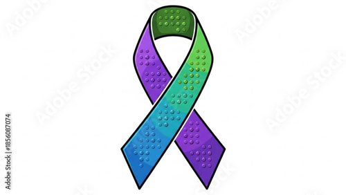 Multicolor awareness ribbon with braille dots on white background for disability and accessibility symbol