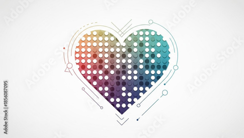 Vibrant heart shaped graphic with white dots and multicolored gradient background and geometric lines on white
