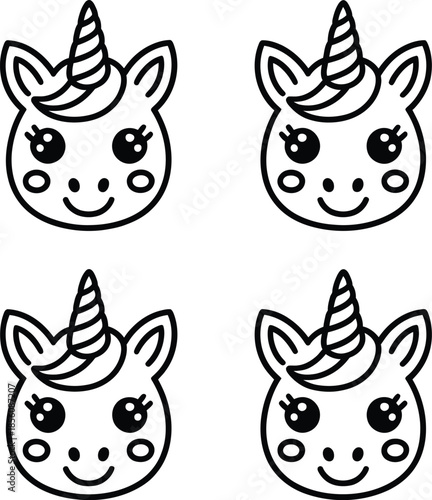 Monochrome Vector Illustration of Unicorn Faces Depicted in Minimalist Cartoon Line Art Featuring Spiraled Horns, Large Eyes with Star Highlights, Smiling Mouths, Blush Marks, and Curled Manes Arrange