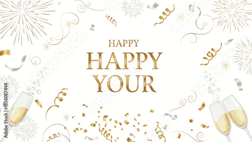 New Year's Eve celebration graphic with 'HAPPY YOUR' text, gold confetti, and champagne glasses on a white background with fireworks and ribbons.