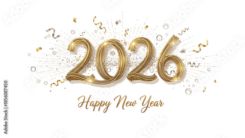 Gold shiny 2026 Happy New Year greeting with confetti and streamers on a white background in a celebratory mood.
