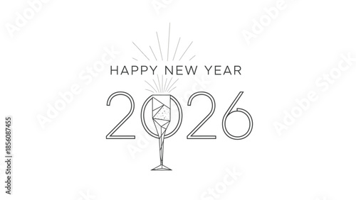 Black and white illustration of 'HAPPY NEW YEAR 2026' with a wine glass and sunburst on a white background.