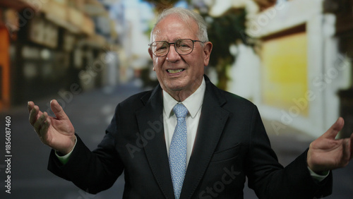 Obraz na plátně Senior man in a suit looks upset on an urban street, expressing emotion with hands raised, conveying frustration in a business context in an outdoor setting