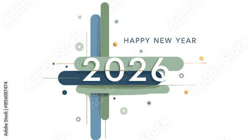 Graphic design with Happy New Year 2026 text and colorful abstract shapes on white background.