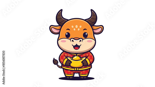 chinese new year cartoon bull with red and gold outfit