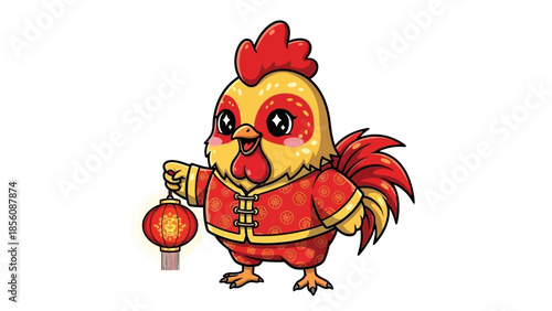 chinese new year chicken in traditional costume holding red lantern