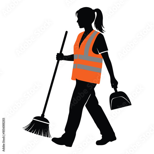 Silhouette of janitor woman with broom and dustpan walking