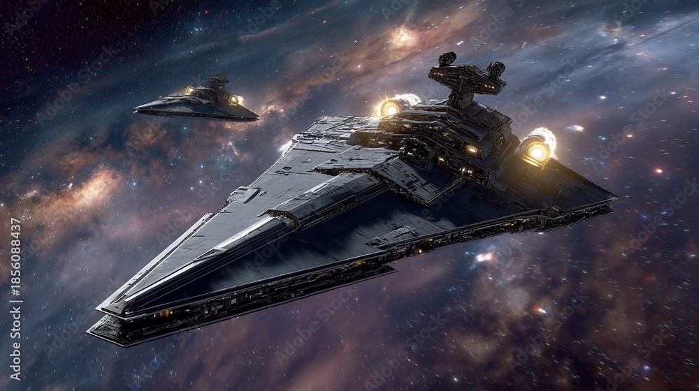 Obraz premium Two capital ships, triangular with prominent superstructures, drift in a nebula