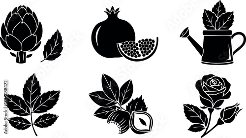 Vector icons of artichoke pomegranate watering can leaves hazelnuts and rose illustration set 