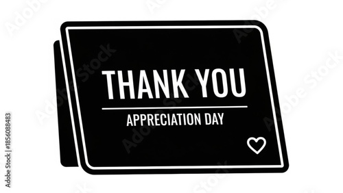 Black thank you appreciation day card with heart symbol on white background