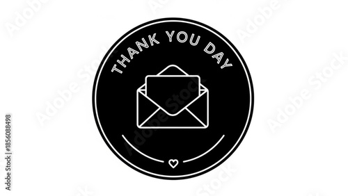 Black circle icon with white outline of envelope and text thank you day on white background