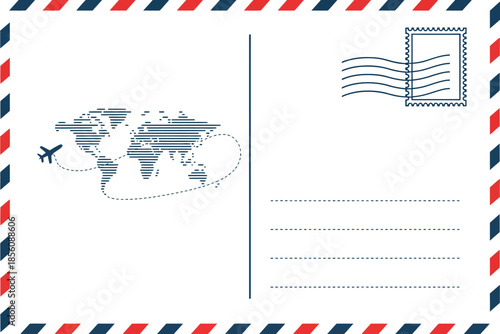 Blank travel postcard mockup with airplane icon, global map illustration, postage stamp space, perfect for holiday greetings, adventure notes, tourism marketing, mailing creativity