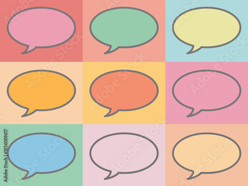 A grid of nine empty speech bubbles on a pastel-colored background represents communication and ideas, modern abstract concept for dialogue, messaging, brainstorming, and creative thinking design.