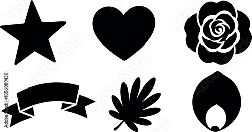 Simple black icons star heart rose ribbon leaf flame vector illustration set 
