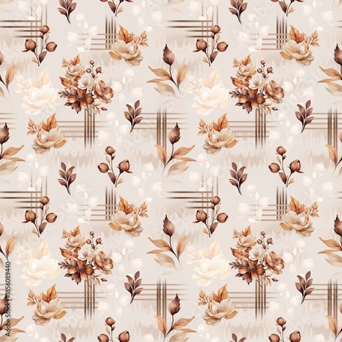 Elegant Seamless Floral Pattern with Soft Watercolor Flowers in Beige and Brown Tones, Delicate Botanical Illustration with Geometric Accents for Wallpaper and Fabric Design