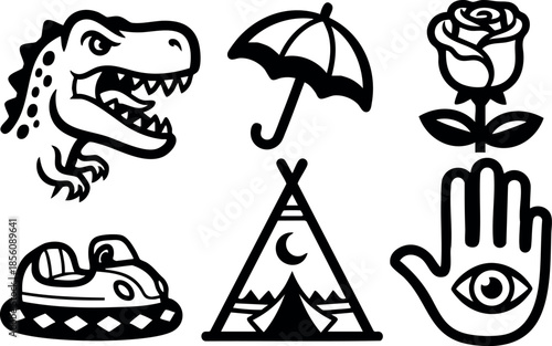 Dinosaur head, umbrella, rose flower, hovercraft, tent, and hamsa hand symbols vector set 