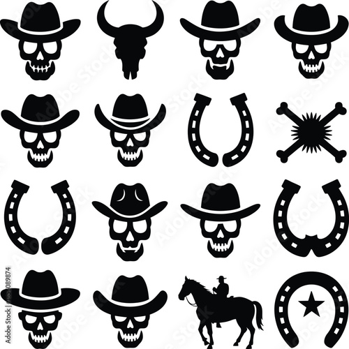 Western Silhouette Vector Featuring Cowboy Skulls, Horseshoes, Rider, and Bull Skull in 4x4 Grid Motif