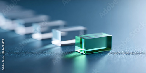 A green glass block is on a table with other blocks in the background, out of focus. The lighting creates highlights and shadows across all objects
