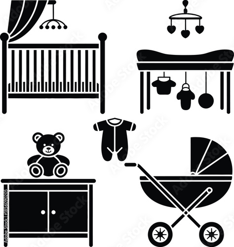 Baby Care Silhouette Vector Featuring Crib, Changing Table, Teddy Bear, Onesie, and Stroller in Nursery Scene