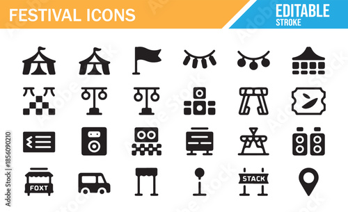 Event design icon collection. Glyph vector symbols for tickets, map, and decorations.