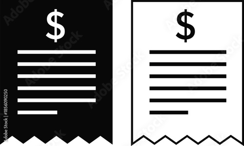Black and white vector icons of payment receipts with dollar signs for financial accounting retail billing business transactions and currency.