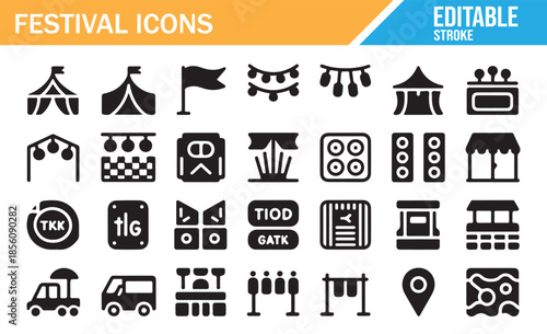 Carnival and fair glyph icons. Black silhouette collection of tents, food truck, and tickets.