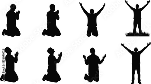 Black silhouettes of people kneeling in prayer and standing with raised hands for religious worship spirituality faith and Christian devotion.