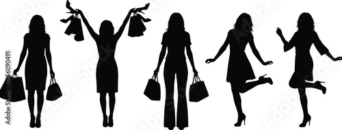Black silhouettes of women carrying shopping bags and celebrating successful purchases for retail marketing fashion commercial sales and consumerism themes.