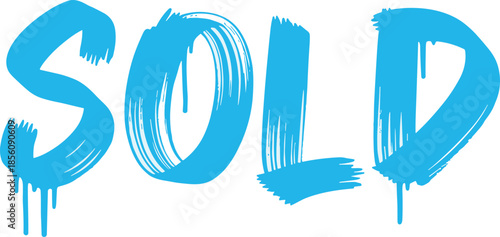Light blue graffiti style text saying sold with paint drips for real estate marketing retail sales and business commerce success.