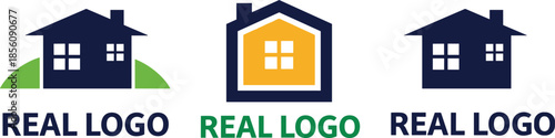 Real estate logo design collection featuring house icons with green hills and yellow accents for property branding and residential realty.