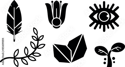 Set of six nature inspired black icons with leaves flower and eye vector illustration 
