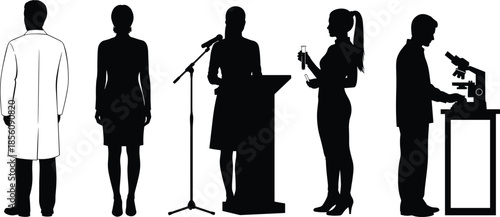 Silhouetted professionals in diverse career roles including medical doctor, business woman, public speaker, female scientist with test tubes, and laboratory researcher.