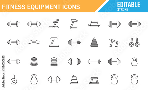 Vector line icons for gym branding. Outline set of fitness machines and weights.