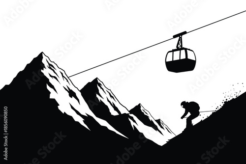 Silhouette of adventurous skier riding mountain cable car