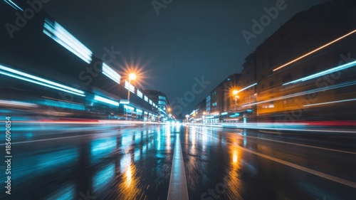 Blurry lights from fastmoving cars on city road at night. Concept Cityscape Photography, Night Time Exploration, Urban Light Trails. High quality 
