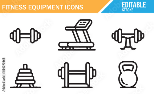Exercise and training equipment set. Linear vector icons for building muscle and health.