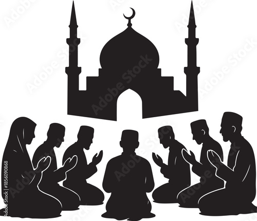 Silhouette of Muslim People Praying in Front of a Mosque