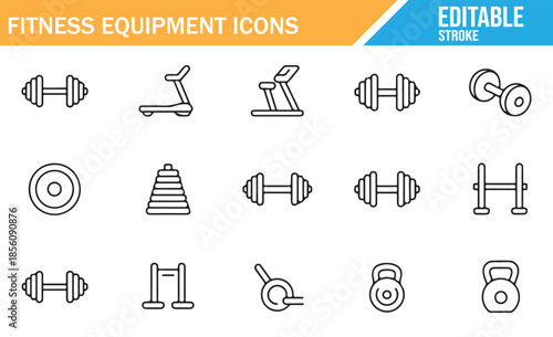 Sports and fitness icons collection. Simple outline graphics of workout machines and weights.