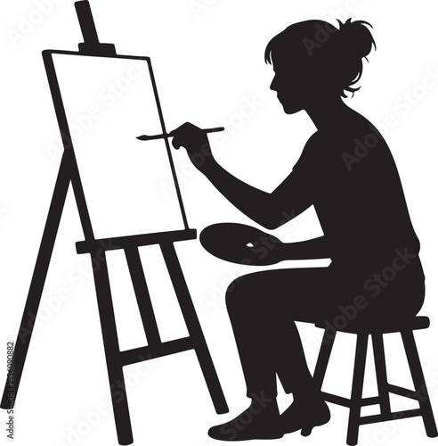 Silhouette of Female Artist Painting on Canvas with Easel and Palette